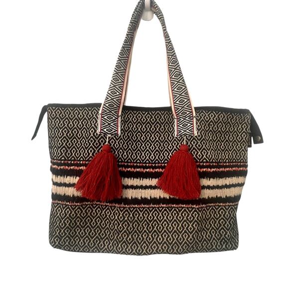 Catori Tribal Tote Bag Womens Black Rust Tasseled Boho Slouchy Bookbag - Picture 1 of 11
